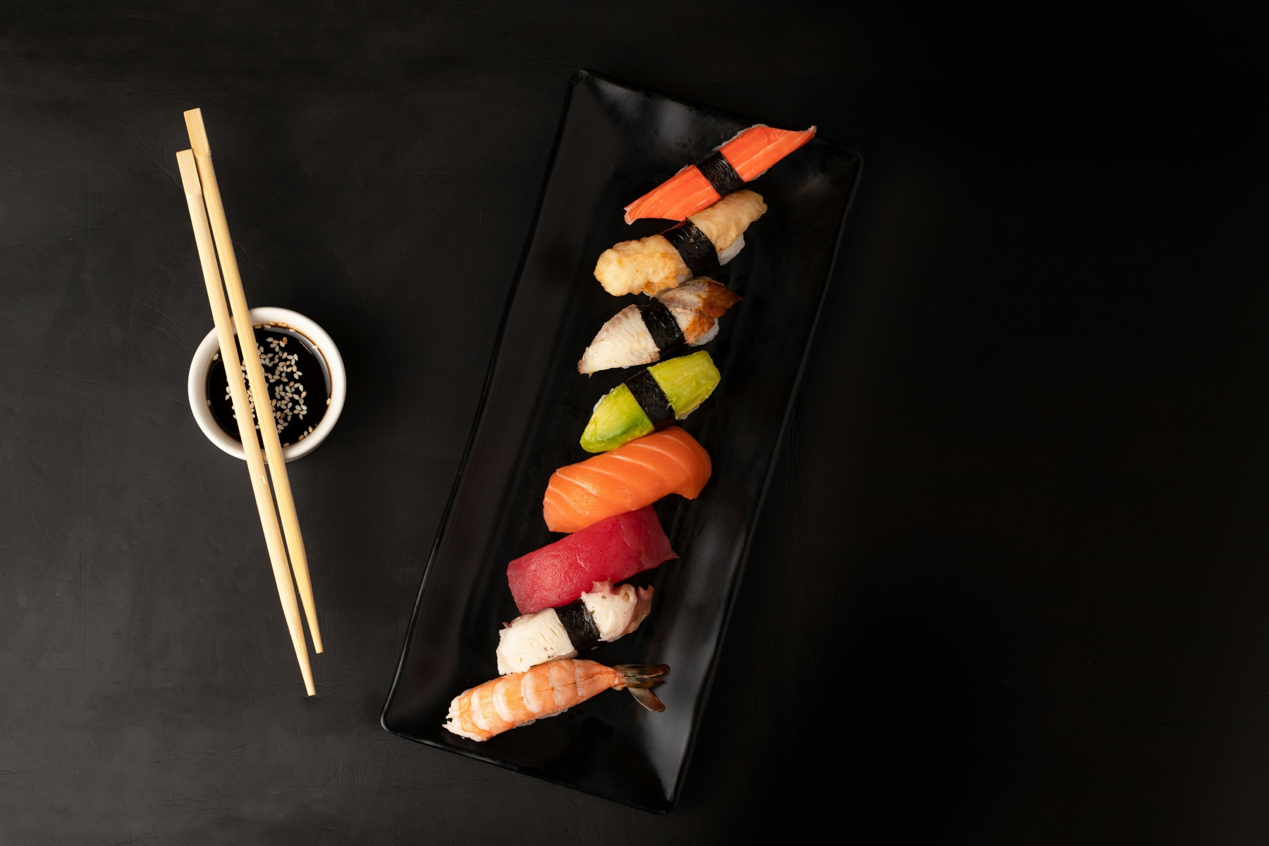 Nigiri selection on black tray